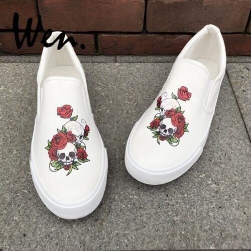 Wen Design Skulls Red Roses Floral Vines Unisex Adults Canvas Shoes Slip On Flats Skateboard White Black Sneakers 2 Choices