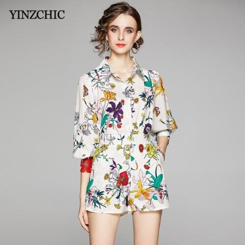 Summer New Woman Floral Shuits Turn-down Collar Blouse + Shorts Sets for Office Lady Female Casual Shirt Pants Suit Spring