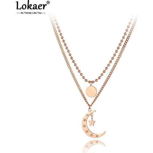 Lokaer Trendy Titanium Stainless Steel Double-layer Moon Star Charm Choker Necklace Bohemia CZ Pendant Necklace For Women N20100