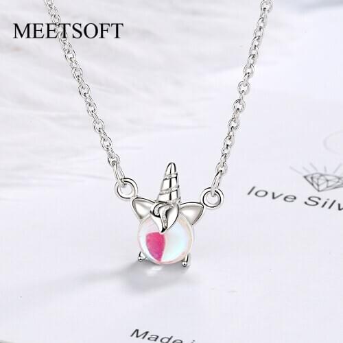 MEETSOFT Silver Plated Pendant Necklace Minimalist Clavicle Chain Female Smiple Gradien Moonstone Unicorn Accessories Gift