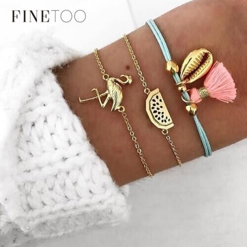 Boho Multi Layered Stacking Bracelet Set Handmade Tassel Bird Egret Heron Watermelon Cowrie Shell Charm Bracelets for Women