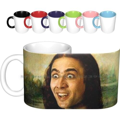 Mona Lisa ~ Nicolas Cage Ceramic Mugs Coffee Cups Milk Tea Mug Nicolas Cage Watching You Mona Lisa Funny Geek Nerd Nerdy Joke