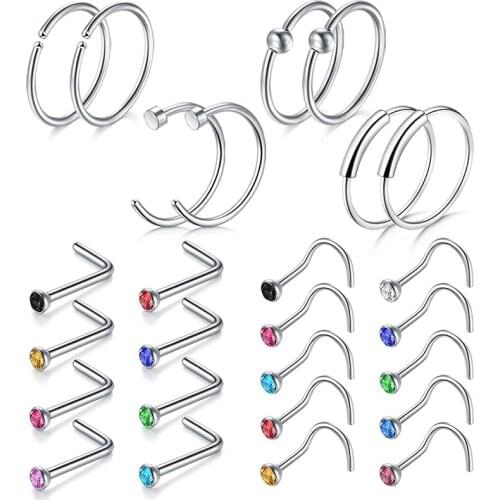 Nose Rings, 26PCS 20G 316L Surgical Stainless Steel Body Jewelry Piercing Nose Ring Studs