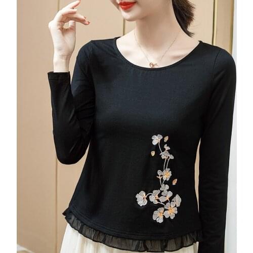 2021 New Autumn Women Long Sleeve T-Shirt Fashion Casual Embroidered Cotton Tops Plus Size M-4XL Women Clothing