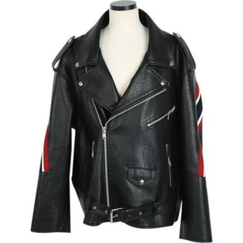 Autumn and winter badges lapel stripes retro motorcycle pu leather jacket womem