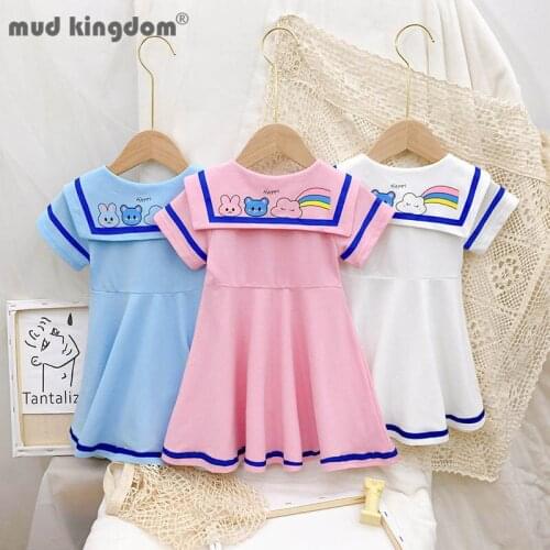 Mudkingdom Little Girls Dress Sailor Collar Lapel Cartoon Rainbow Print Short Sleeve Button Dresses for Toddler Summer Clothing