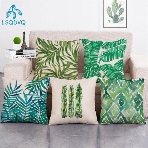 Tropical Green Plant Palm Leaf Leaves Square Cotton Linen Sofa Home Cushion Cover For Sofa Home Capa De Almofadas 45x45cm