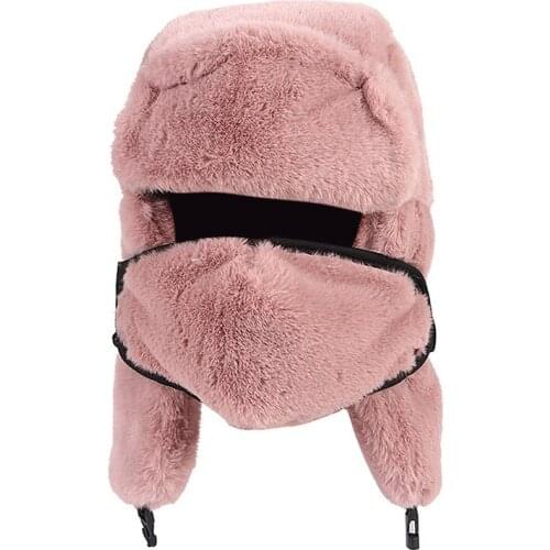 High Quality Ushanka 2021 Thermo Winter Faux Fur Hat Women Bomber Hats Warm Pink Ski Earflaps Mask Soviet Hat Russian Snow Cap