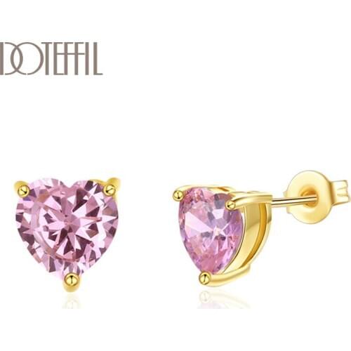 DOTEFFIL 925 Sterling Silver 18K Gold Heart-Shaped Pink AAA Zircon Earrings For Women Jewelry Fashion Jewelry Wedding Party Gift