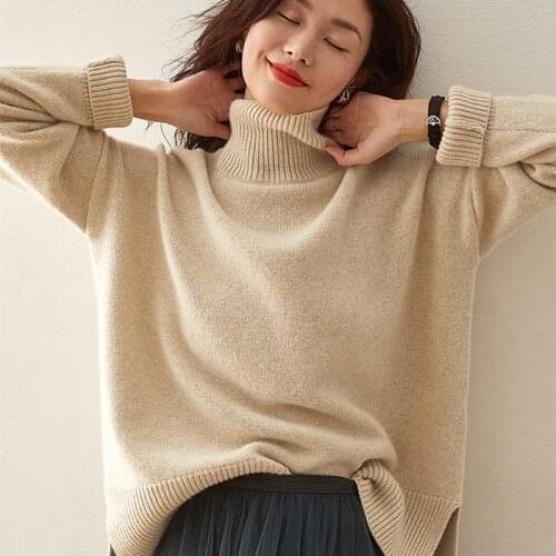 FRSEUCAG Turtleneck Womens Casual Loose Cashmere Wool Sweater Solid Color Knit Full Sleeve Pullover Short Coat Sweater Hot Sale