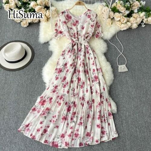 2021 summer new women o-neck puff sleeve ruffles single breased print chiffon A-line dress female Chic elegant beach dresses