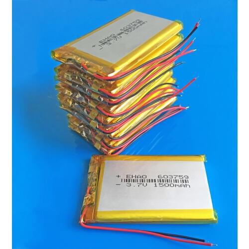 Lot 10 pcs 3.7V 1500mAh lipo polymer lithium Rechargeable battery for MP3 GPS navigator DVD Recorder headset camera 603759