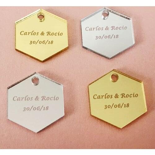 100pcs Personalized Engraved Baby Baptism Hangs hexagon Wedding Gift tags Customized Tag hexagon tag Mirror Gold silver