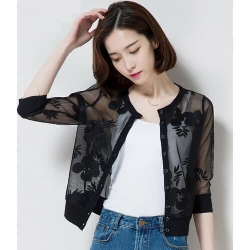 2021 Summer Women Half Sleeve Shawl Coat Thin Sun Protection Clothing Mesh Lace All-match Cardigan Single-breasted Jacket Y35