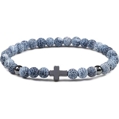 6MM Natural Stone Hematite Cross Bead Bracelet Jesus Prayer Elastic Bracelets Bangles Men Women Rosary Yoga Fashion Jewelry Gift