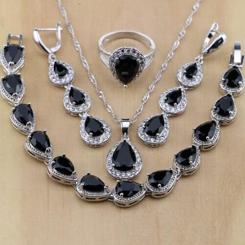 925 Sterling Silver Jewelry Black CZ White Zircon Jewelry Sets For Women Long Earrings/Pendant/Necklace/Rings/Bracelet