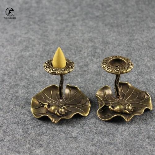 Antique Copper Incense Stick Holder Lotus Sandalwood Backflow Incense Burner Brass Frog Lotus Leaf Stand Censer Brass Tea Table