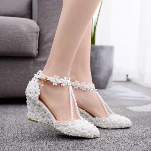 White Lace Wedges Platform Party Wedding Shoes Women Rhinestone Flower High Heels Ladies Ankle Strap Sandals