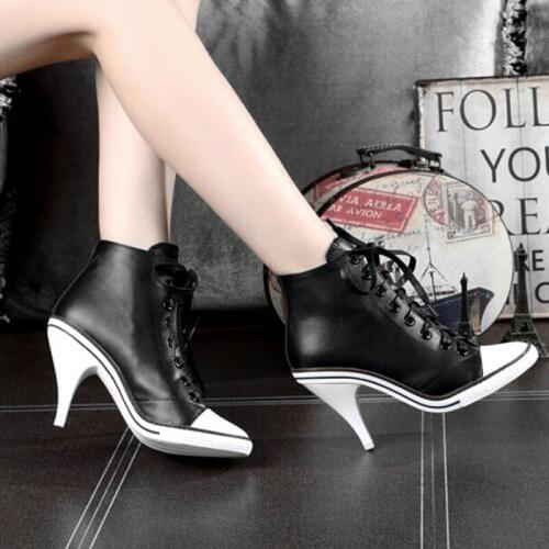 Ladies Casual Lace Up Round High Heels Ankle Boots Fashion Plain Solid Autumn Ankle Boots For Women Sexy Female Motorcycle Boots