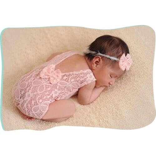 Newborn Photography Props Baby Lace Romper Outfit Headband Photography Props Baby Girl Kids Bow Clothing Solid Color Costume