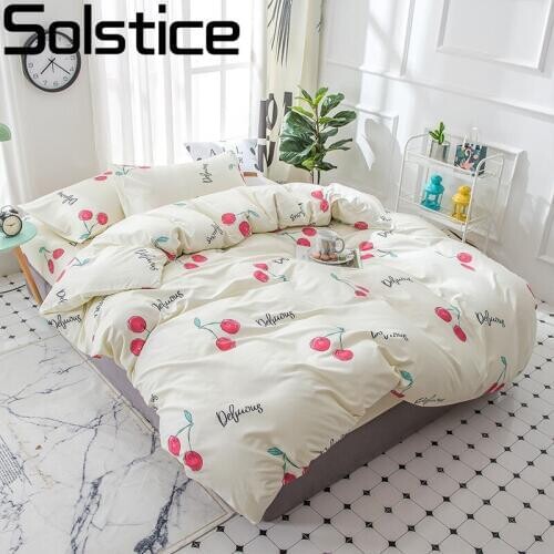 Solstice Home Textile Girl Kid Bedding Set Pink Cherry Beige Duvet Cover Flat Sheet Pillowcase Female Teen Bed Linens Bedclothes