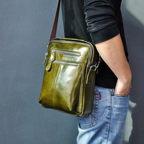 Quality Original Leather Male Casual Shoulder Messenger bag Green Fashion Cross-body Bag 10" Pad Tote Mochila Satchel bag 5010-g