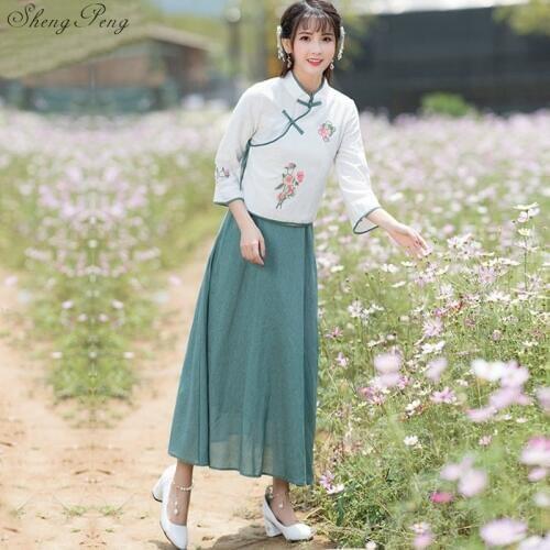 Chinese traditional dress female chinese oriental dresses Han dynasty two piece dress long sleeves linen clothes Q185