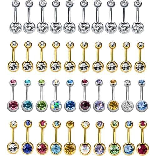 10Pcs Surgical Steel Colorful CZ Gem Navel Belly Button Rings Piercing Nave Bar Belly Body Jewelry