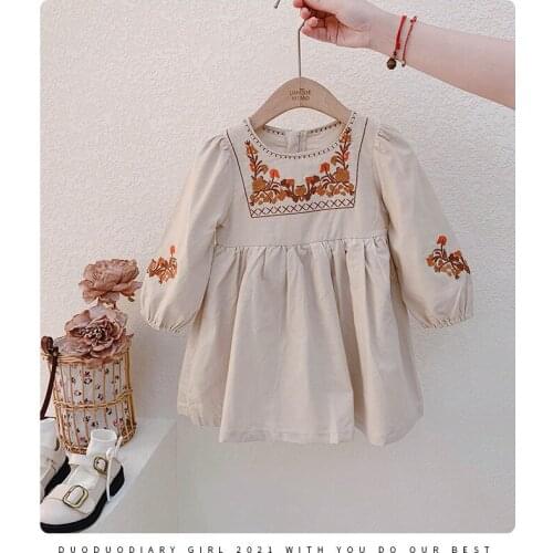 Korean Baby Girl Dress Autumn 2021 New French Embroidery Girls Dress Fashion Cotton Long-sleeved A-line Dress Baby Clothes 2-7Y
