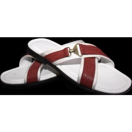 SHENBINS Premium Summer Slippers, Leather Soles, Soft Insoles, White & Red Sliders for Travelling, Hotels, Beach Flip Flop