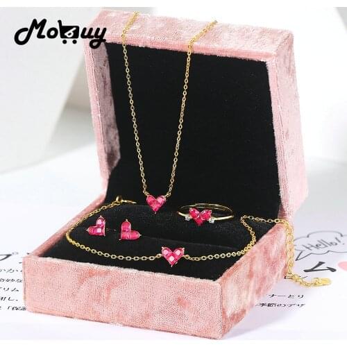MoBuy 925 Silver Jewelry Set For Women Sweety Heart Synthetic Corundum 14K Gold Plated Fine Jewelry Korea Style V096