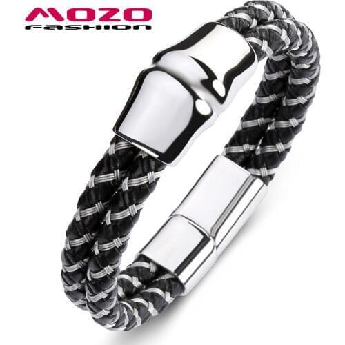 Fashion New Men Bracelet Leather Rope Stainless Steel Magnetic Clasps High Quality Jewelry Bangles