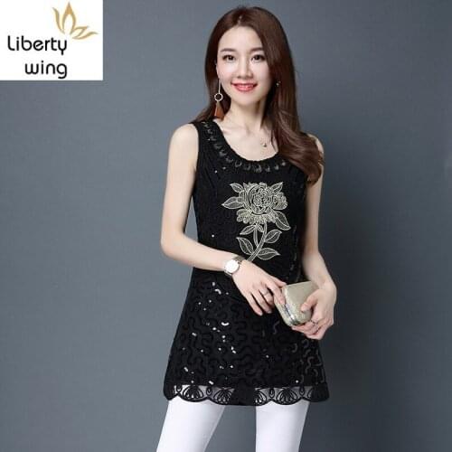 New Brand Summer Women Lace Suspender Mid-Length Tank Tops Embroidery Sequin Loose Plus Size S-XXXL Female Chiffon Vest Dress
