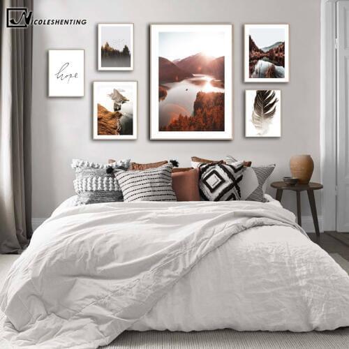 Autumn Landscape Poster Nordic Style Feather Forest Sunset Nature Print Wall Art Picture Canvas Painting Scandinavian Home Decor
