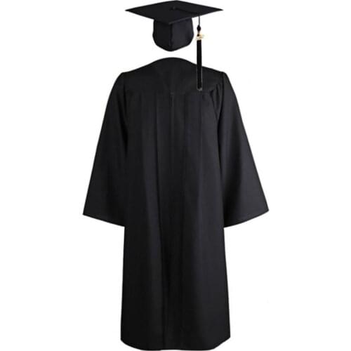 Graduation Gown Solid Color Zipper Closure Unisex V Neck Pleated Robe Hat Set for School
