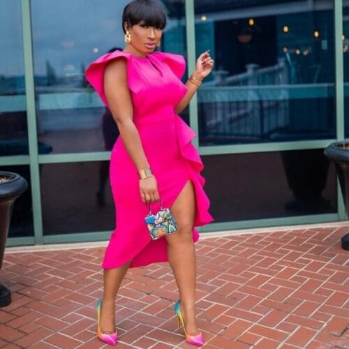 African Dresses Elegant Women Solid Color Ruffles Split Irregular White Yellow Dress Summer Sleeveless Robe Modest Work Wear