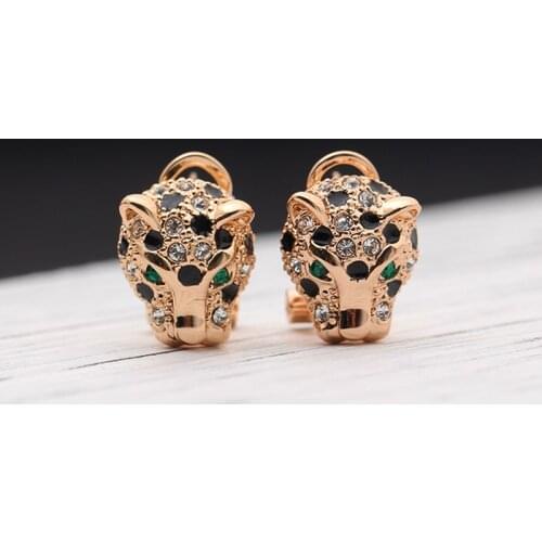 Leopard stud earrings for women black white zircon stone gold plated cool animal clip on earring without piercing no hole