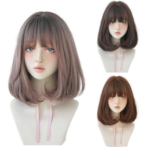 Grey Pink Synthetic Short Straight BOb Wigs With Air Bangs Short Pixie Cut Wig Heat Resistant Fiber Cosplay Party Daily Hair