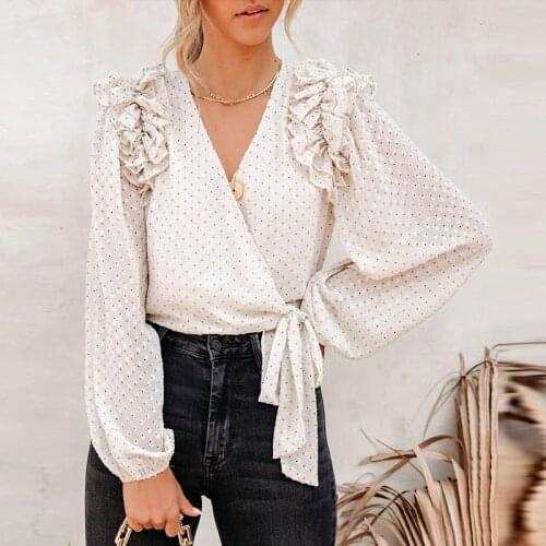 Chiffon Long Puff Sleeve Shirt For Women V-neck Single Button Drawstring Tops Woman 2021 Autumn Korean Fashion Loose Clothing