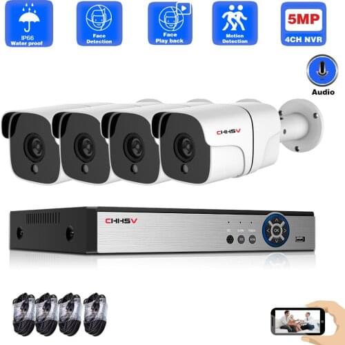 CHHSV 4CH 5MP POE AI CCTV Camera Security System Kit Audio Outdoor 5MP IP Camera H.265 P2P Video Surveillance NVR Set