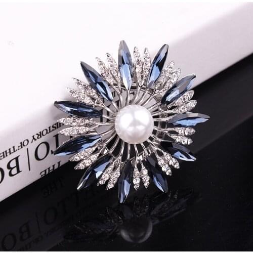 TODOX blue Crystal sunflower Rhinestone pearl Brooch concise style Pins Wedding Gifts for girls full dress garment accessory