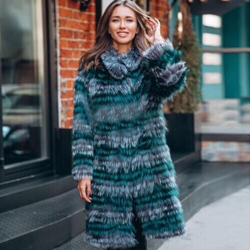 High-Quality Winter Thick Warm Coat Natural Real Silver Fox Fur Striped Jacket Fashion Exquisite Dark Button Overcoat Women