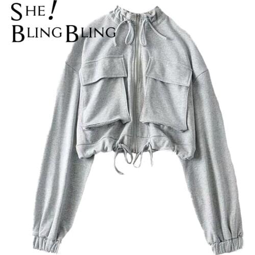 SheBlingBling Za Woman 2021 Casual Traf Crop Tops Autumn Drawcord Design Fashion Stand Collar Zipper Jacket Loose Sweatshirts