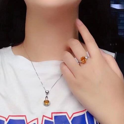 100% Real Citrine Jewelry Set for Daily Wear 8mm Natural Citrine Ring Citrine Pendant Set Solid 925 Silver Citrine Jewelry