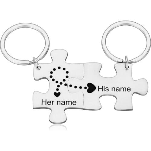 2PCS Couples Customized Puzzle Keychains Engraved Date and Two Initials Love Gifts for Husband Wife Boyfriend Girlfriend