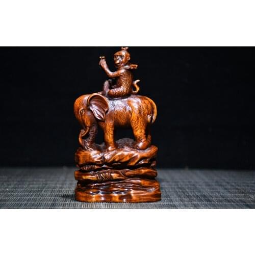 5"China Lucky Old Boxwood Gilt Hand-carved Monkey riding elephant statue Implication Feng Hou Baixiang Office Ornaments