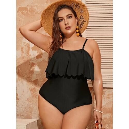 One Piece Scalloped Swimsuit Solid Ruffle Swim Wear Black Swimming Suit Strap Bathing Suit 2021 Summer Plus Size Beachwear