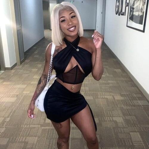 CHRONSTYLE Black Color 3pcs/set Women Suits Clubwear Hollow Out Tube Tops Halter Push Up Tank High Waist Lace-up Mini Skirt 2021