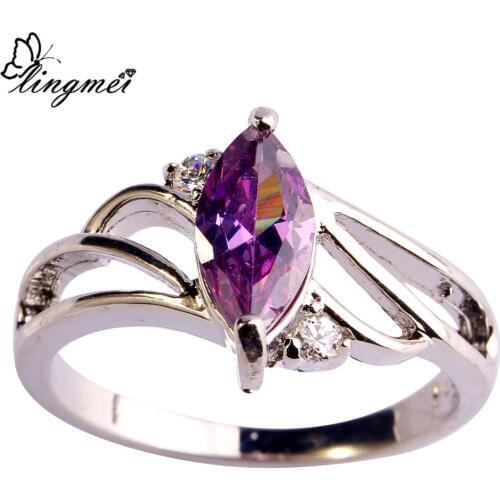 Lingmei Fashion Purple White CZ Silver ColorRing Size 6-9 10 Unisex Rings New Arrival Jewelry Wholesale Free Shipping 917R1