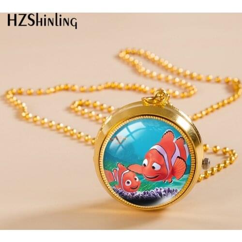 Nemo cartoon Pattern Gold Color Pocket Watch Glass Cabochon Pendants Fashion Jewelry Necklace